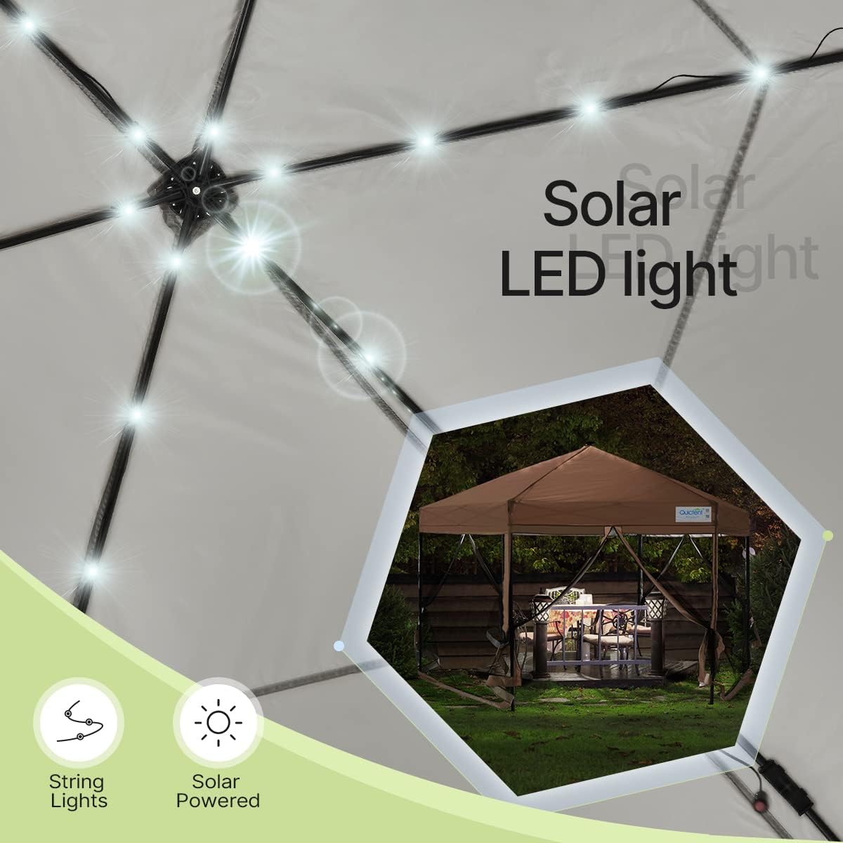 Beige Hexagonal Pop up Gazebo Tent with Mosquito Netting and LED Lights K82361