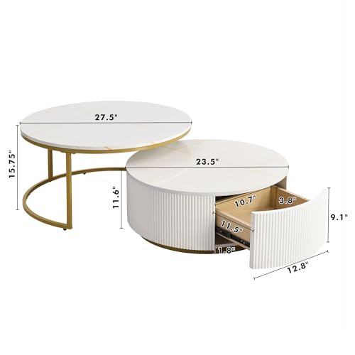Round Nesting Coffee Table Set of 2 with Storage Drawer White R252238