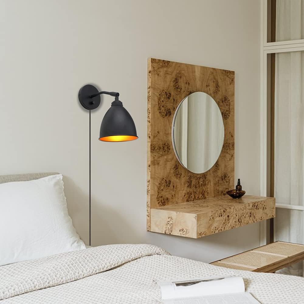 Vintage Plug in Wall Sconce, 1-Light Dimmable Industrial Metal Fixture Lamp with 6.1 Oval Black Metal Shade and 4.7 Black Canopy Z55581