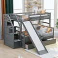 Twin over Full Wooden Bunk Bed with Storage Staircase, Drawers and Slide, Gray I233