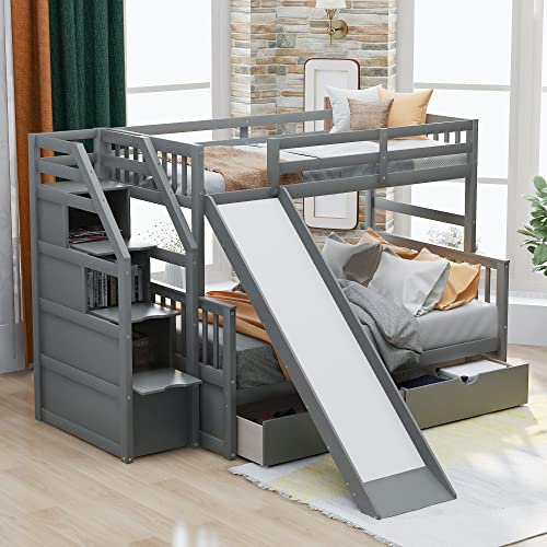 Twin over Full Wooden Bunk Bed with Storage Staircase, Drawers and Slide, Gray I233