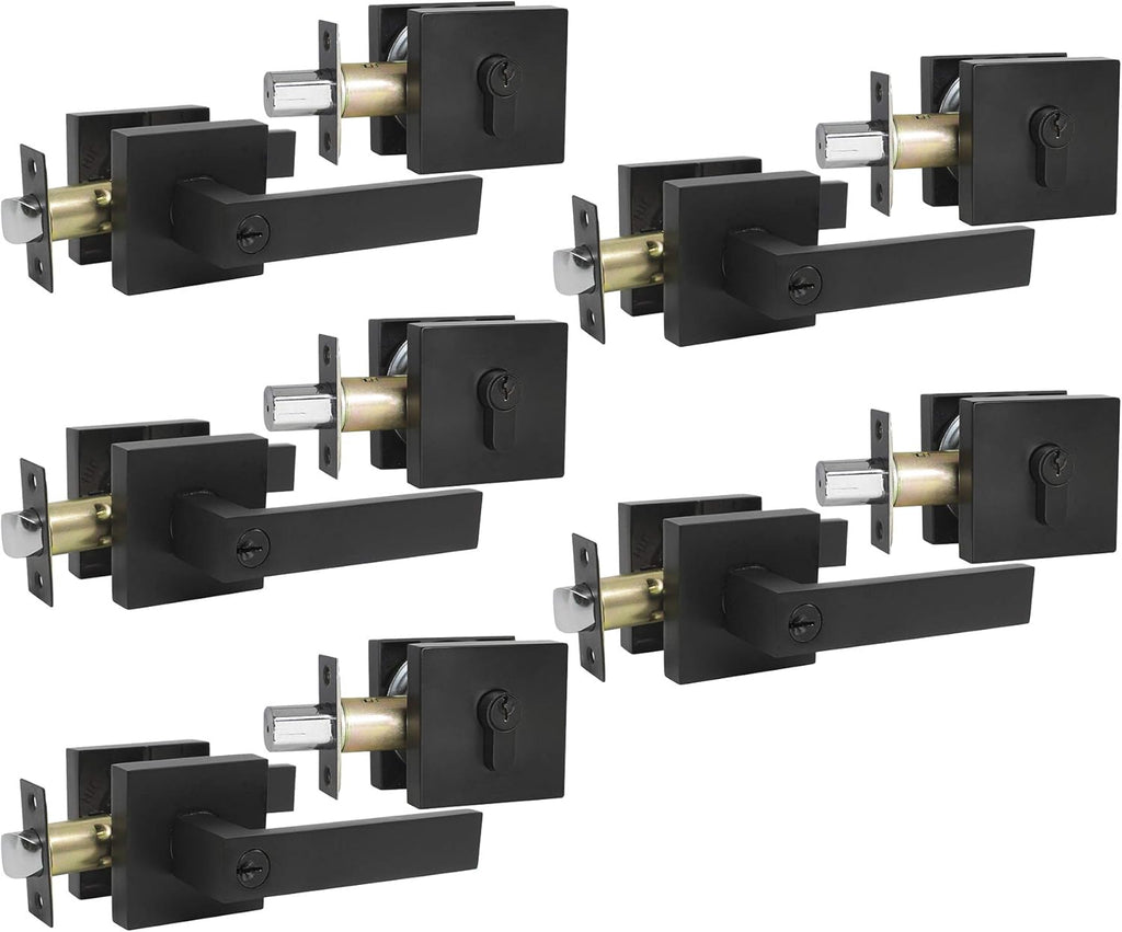 Satin Nickel Square Entry Levers Locksets and Single Cylinder Deadbolts Combination Set, 3 Pack Keyed Alike R2577