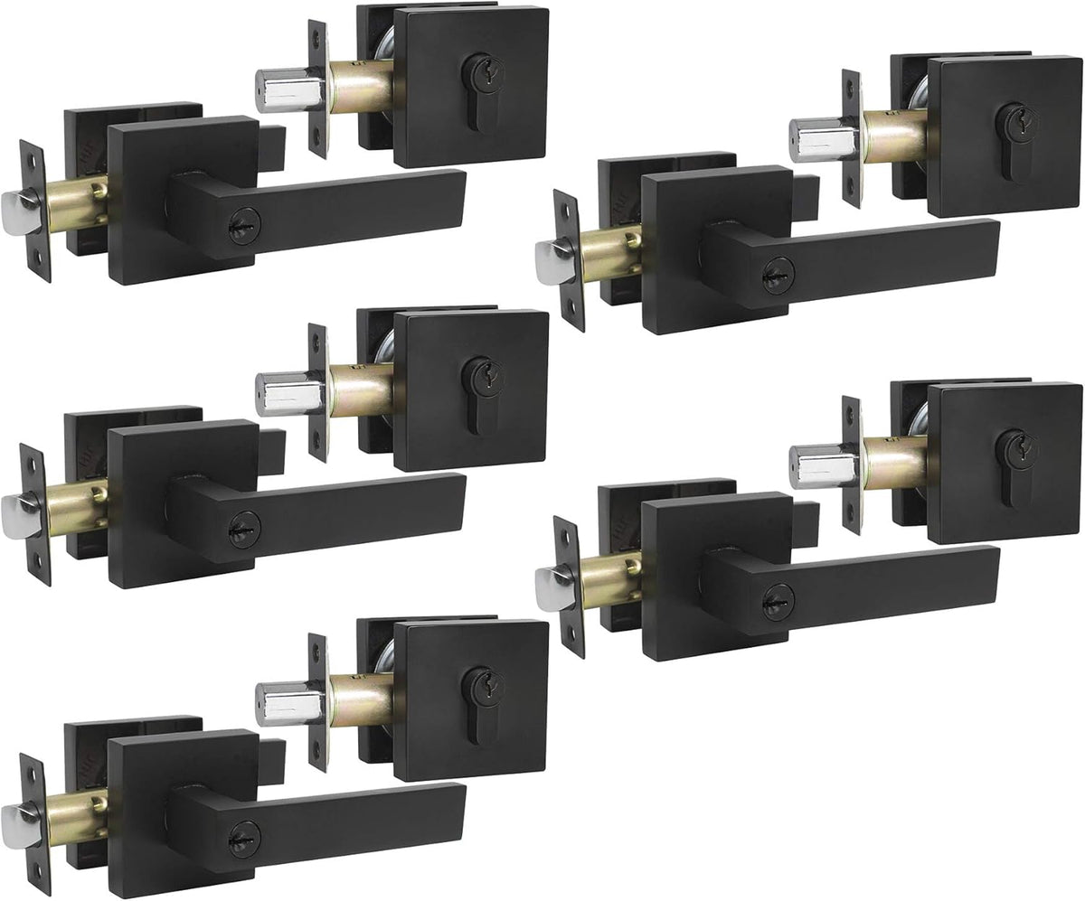 Satin Nickel Square Entry Levers Locksets and Single Cylinder Deadbolts Combination Set, 3 Pack Keyed Alike R2577