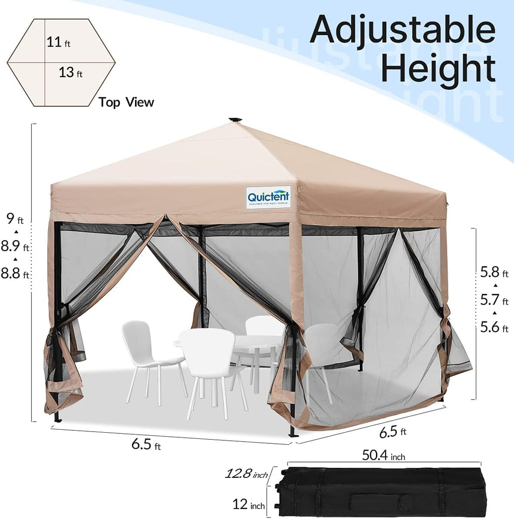 Beige Hexagonal Pop up Gazebo Tent with Mosquito Netting and LED Lights K82361