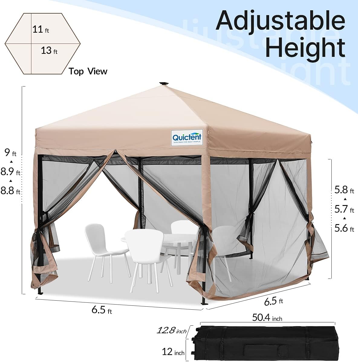 Beige Hexagonal Pop up Gazebo Tent with Mosquito Netting and LED Lights K82361