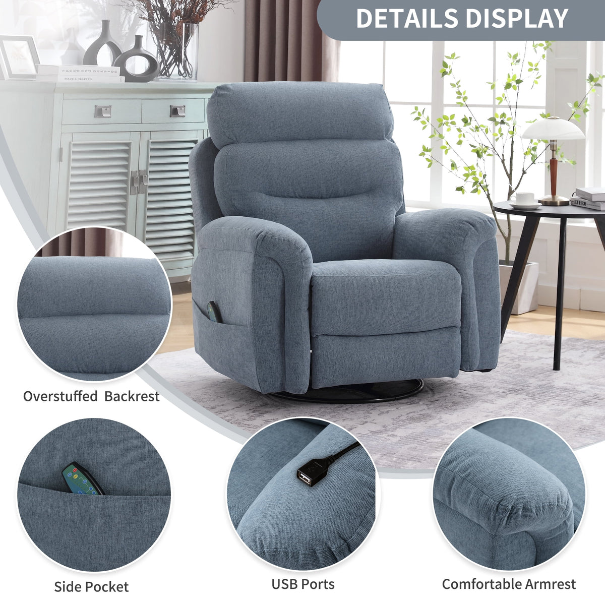 Upholstered Swivel Rocker Recliner Chair with Massage P29167