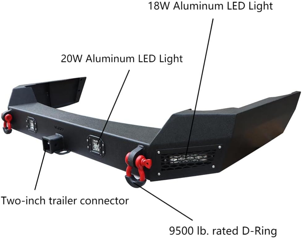 Textured Black Steel Rear Bumper with Spare Tire Rack and 2'' Hitch Receiver V388