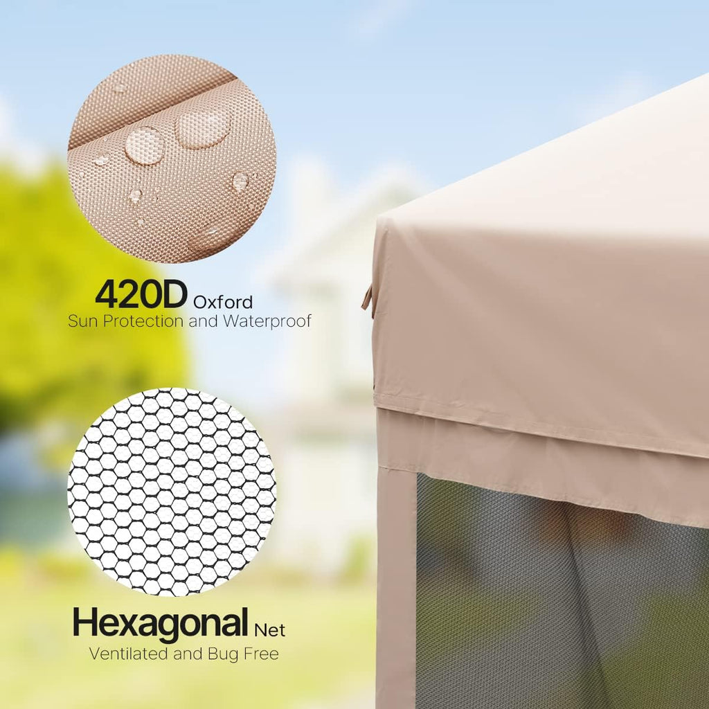 Beige Hexagonal Pop up Gazebo Tent with Mosquito Netting and LED Lights K82361