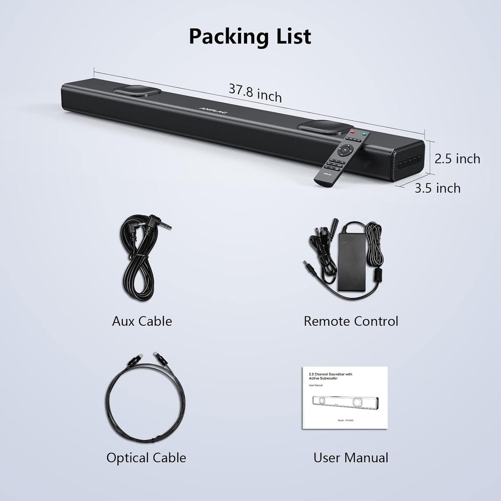 38 Inch Sound Bar with Dual Built-in Subwoofer, 90W, Bluetooth 5.0, Black J589264