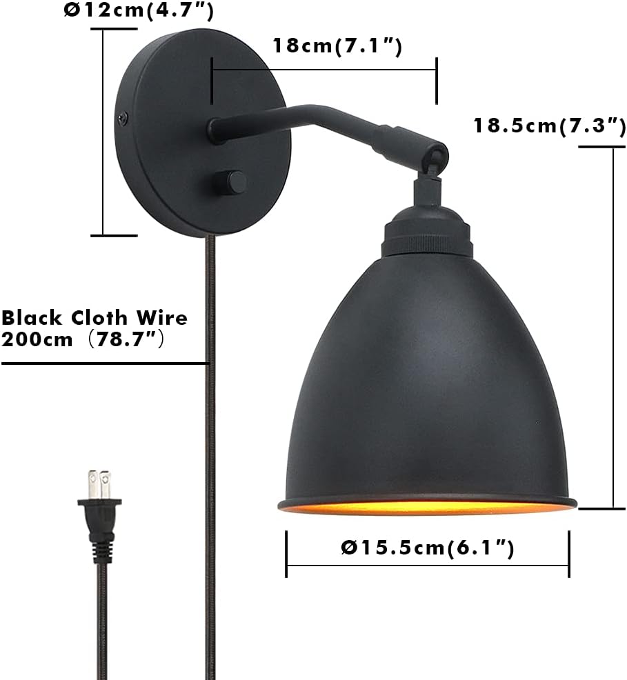 Vintage Plug in Wall Sconce, 1-Light Dimmable Industrial Metal Fixture Lamp with 6.1 Oval Black Metal Shade and 4.7 Black Canopy Z55581