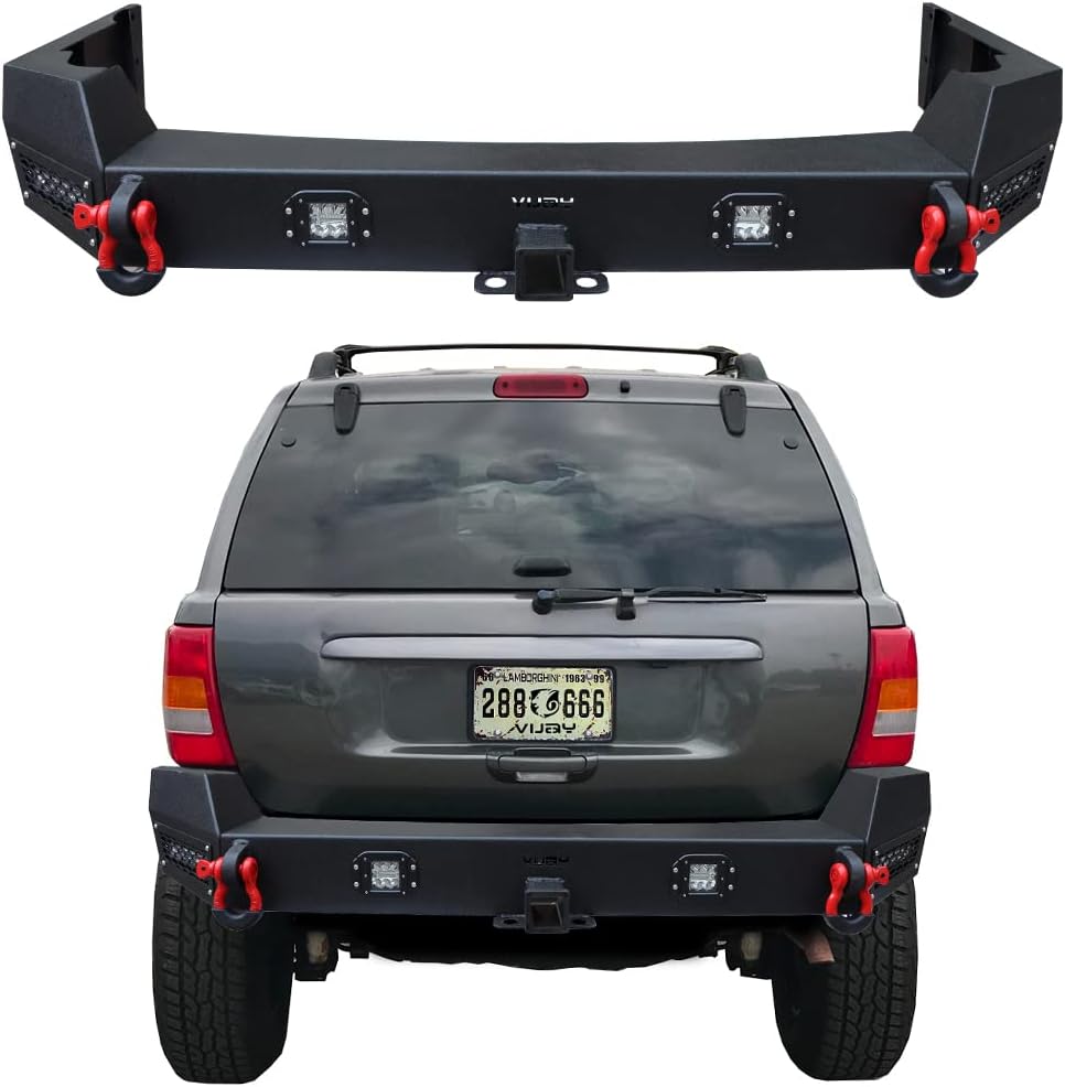 Textured Black Steel Rear Bumper with Spare Tire Rack and 2'' Hitch Receiver V388