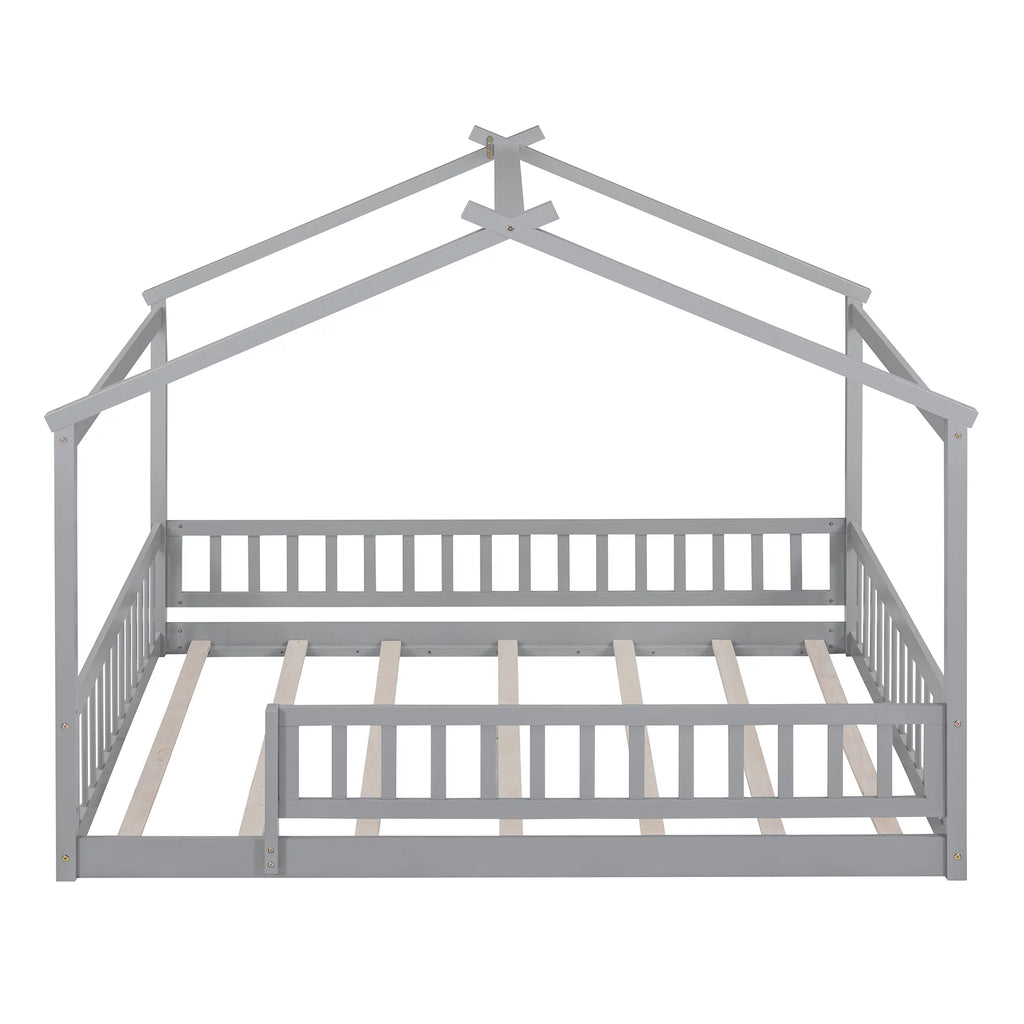 Full Size Wood Floor Bed Frame with Fence Guardrails and House Roof W677438