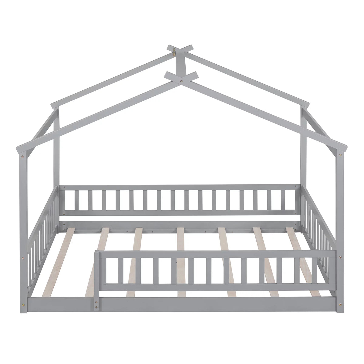 Full Size Wood Floor Bed Frame with Fence Guardrails and House Roof W677438