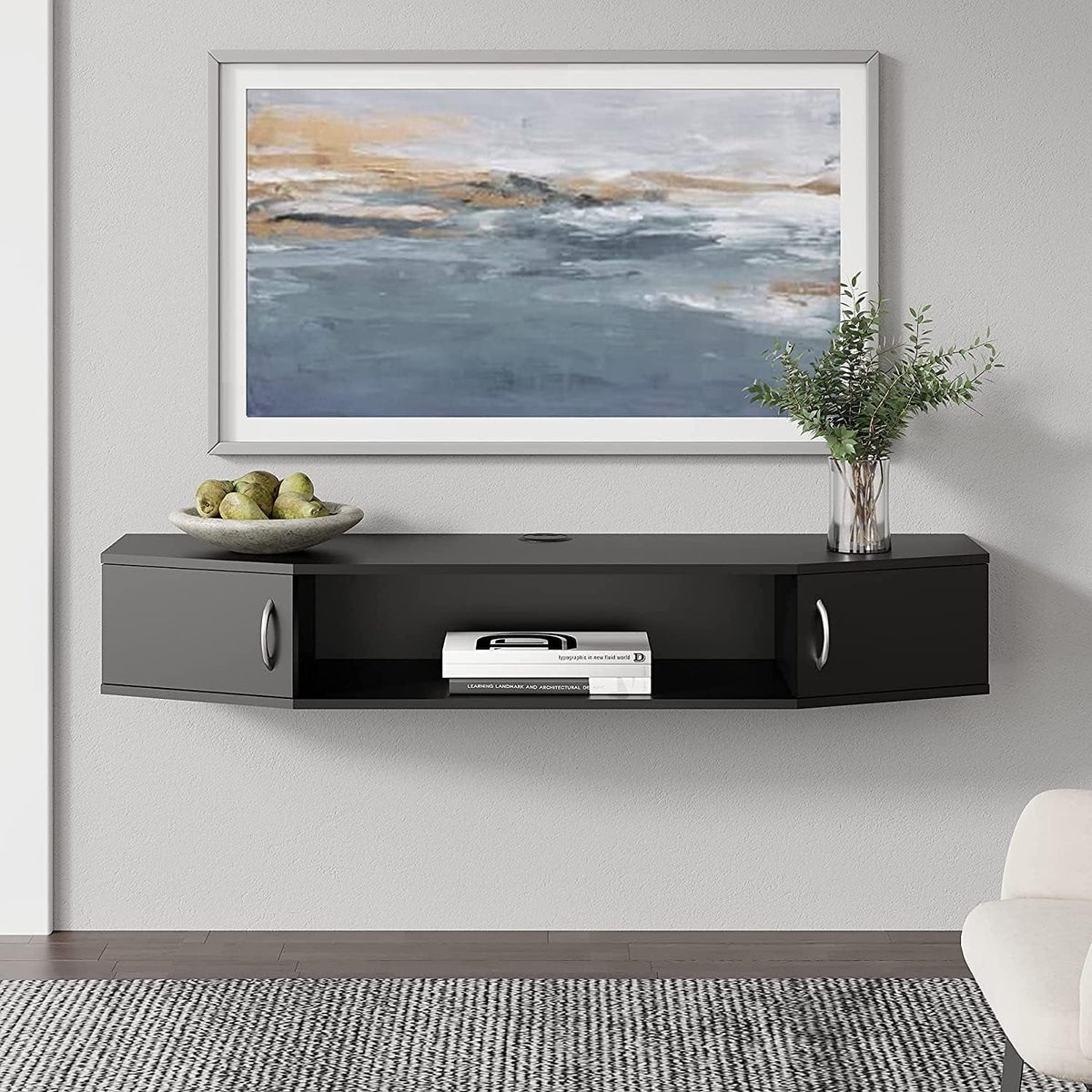 Black Walnut Floating TV Stand with Doors W2058