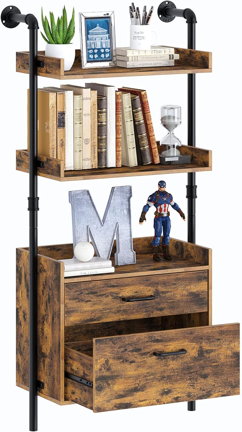 Industrial Bookshelf with 2 Wood Drawers, 4-Tier, Rustic Brown P198