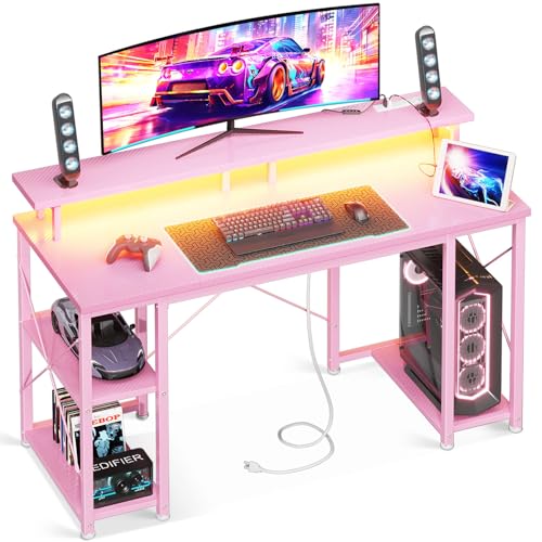 48 inch White Gaming Desk with LED Lights and Power Outlets V45140