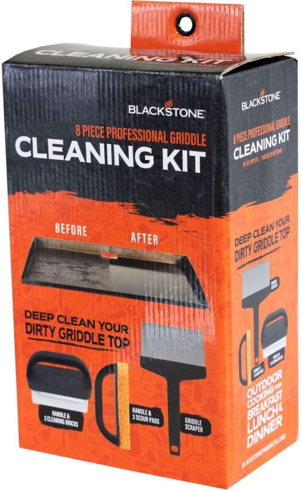 Blackstone 600D Polyester Heavy Duty Flat Top Gas Grill Cover, Black & 8 Pieces Flat Top Grill Accessories Cleaner Tool Set, Black Pack of 2 V24432