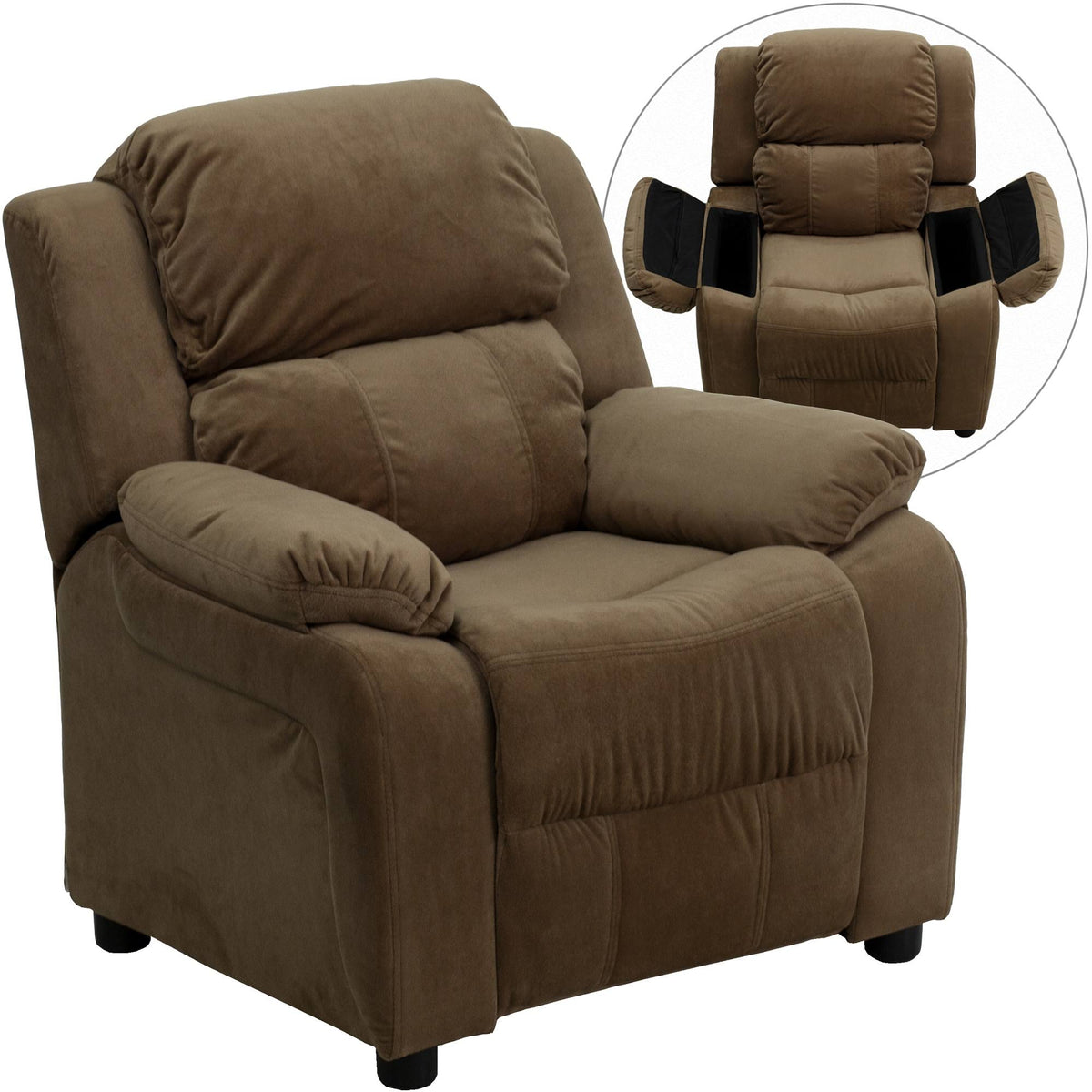 Brown Padded Kids Recliner with Flip-Up Storage Arms U9831