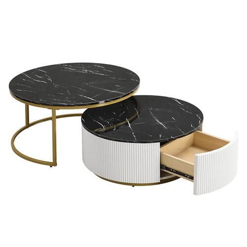 Round Nesting Coffee Table Set of 2 with Storage Drawer White R252238
