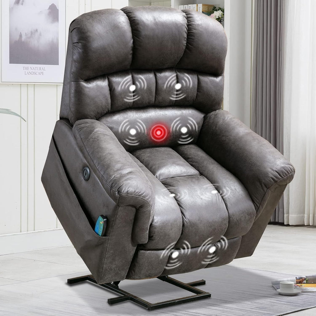 Large Power Lift Recliner Chair with Massage and Heat, Faux Leather, Grey L4600