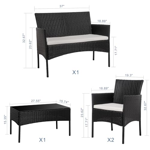 4 Piece Wicker Patio Conversation Furniture Set with Tempered Glass Coffee Table Y143895