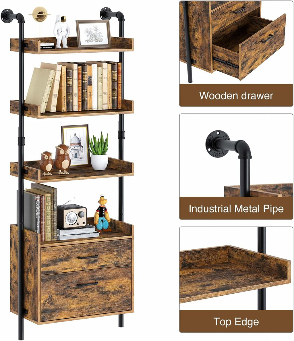 Industrial Bookshelf with 2 Wood Drawers, 4-Tier, Rustic Brown P198