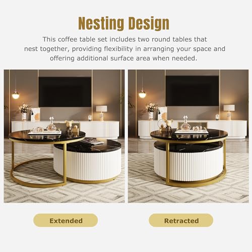 Round Nesting Coffee Table Set of 2 with Storage Drawer White R252238