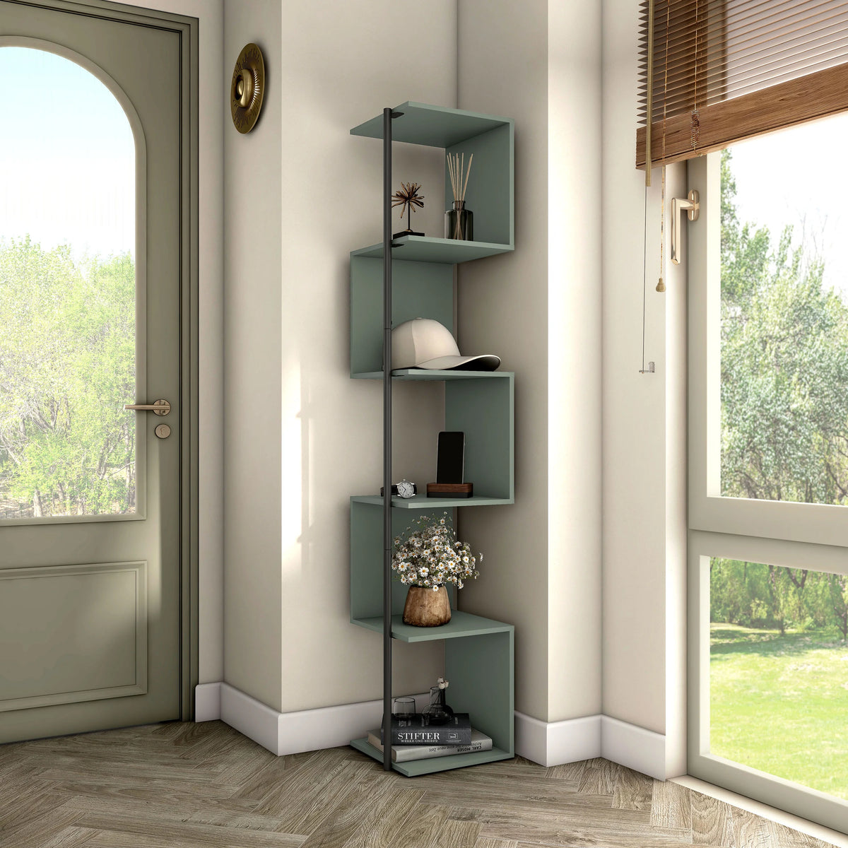 5-Tier Corner Bookcase Sage Green Book Shelf Stand O6991