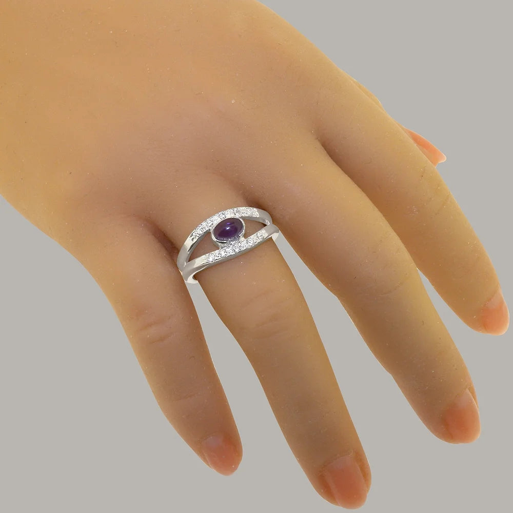14k White Gold Natural Amethyst & Diamond Band Ring E9045