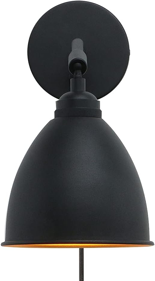 Vintage Plug in Wall Sconce, 1-Light Dimmable Industrial Metal Fixture Lamp with 6.1 Oval Black Metal Shade and 4.7 Black Canopy Z55581