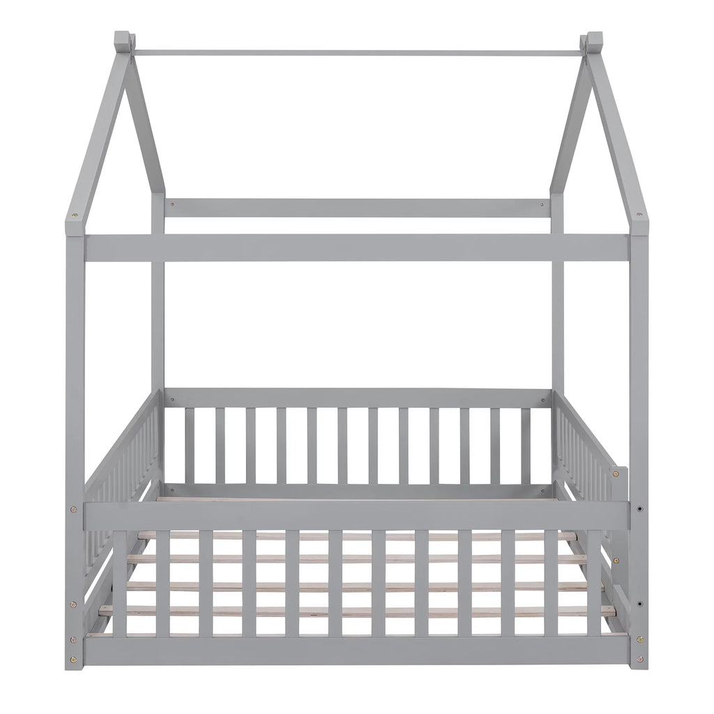 Full Size Wood Floor Bed Frame with Fence Guardrails and House Roof W677438