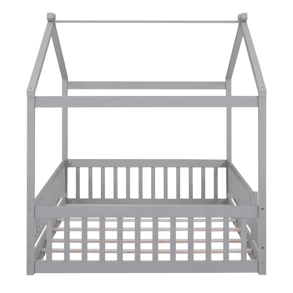 Full Size Wood Floor Bed Frame with Fence Guardrails and House Roof W677438