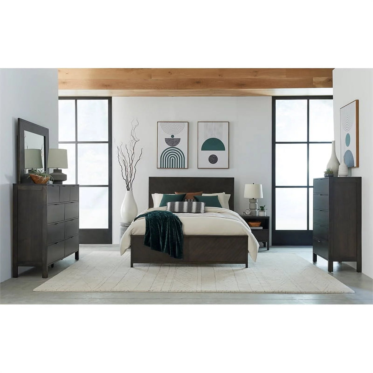 Dark Walnut Brown Wood Drawer Dresser & Mirror F3019
