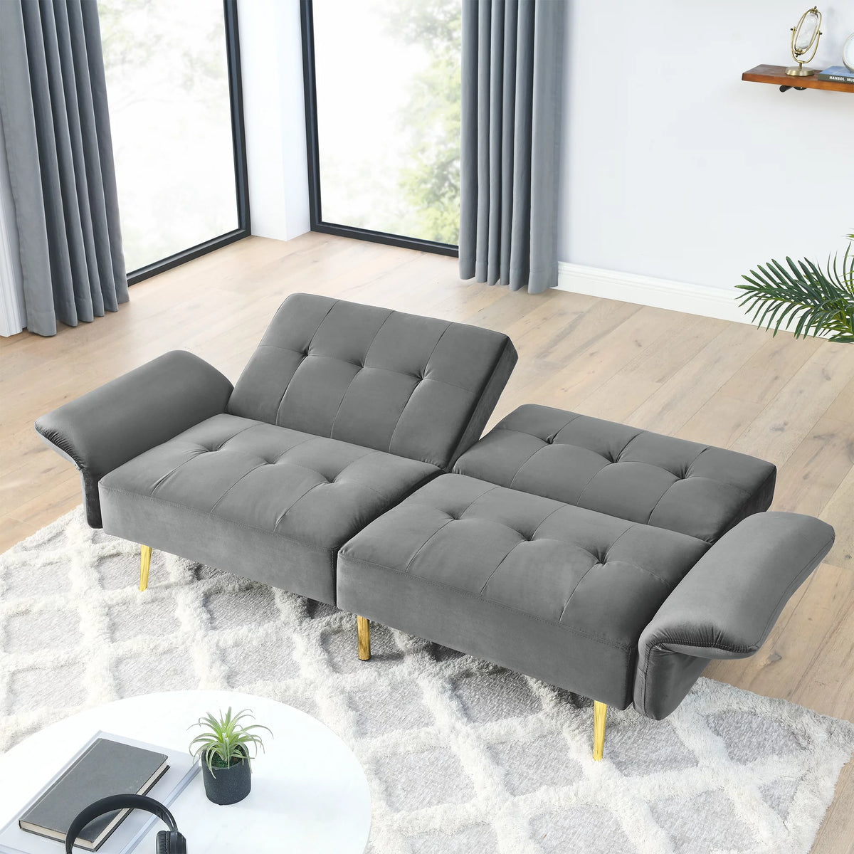 78" Grey Velvet Futon Sofa Bed Convertible Sleeper Loveseat Y668